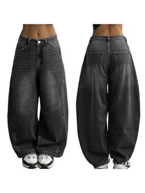 Women's Baggy Wide Leg Barrel Jeans Non-Stretch Denim Pull On